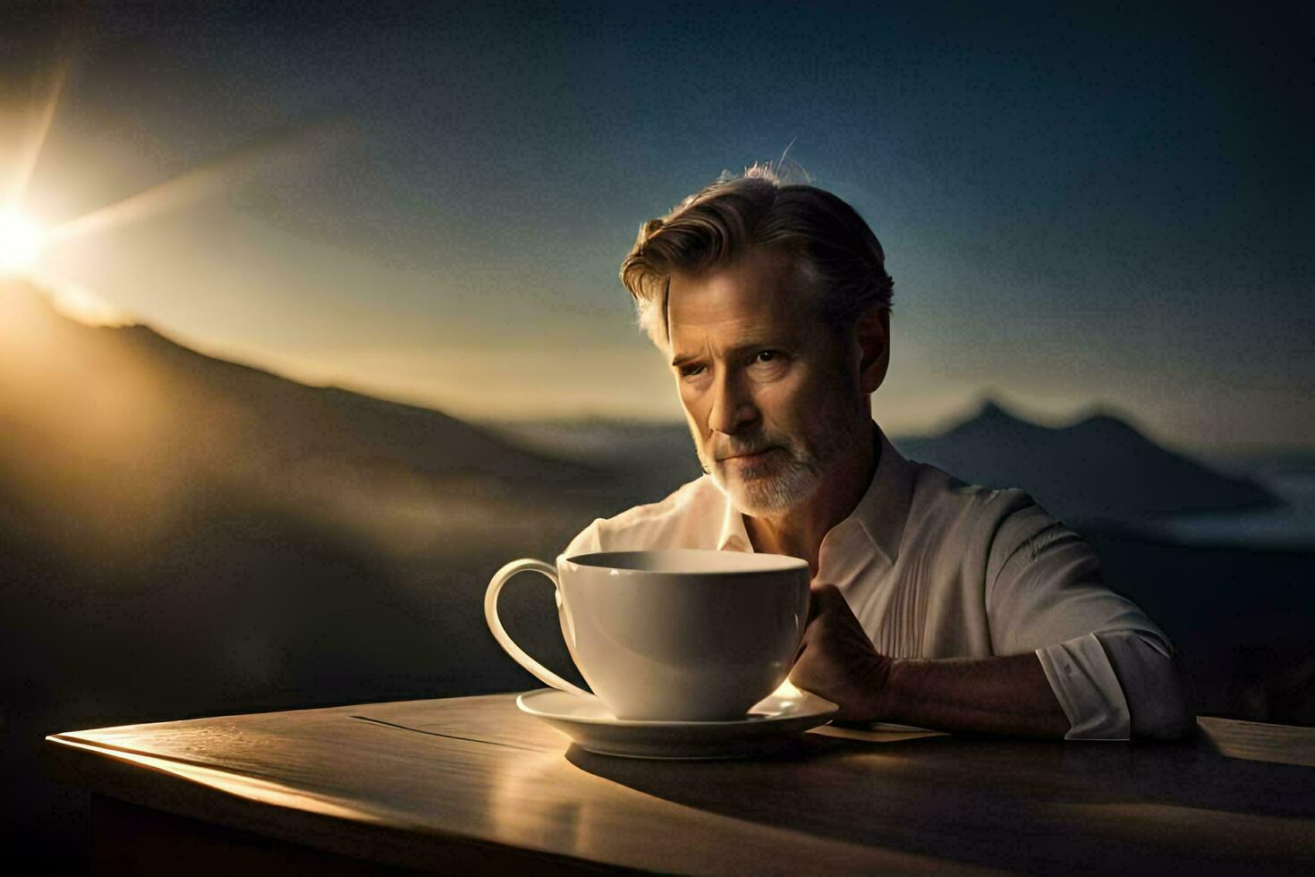 uma homem sentado às uma mesa com uma copo do café. gerado por IA foto