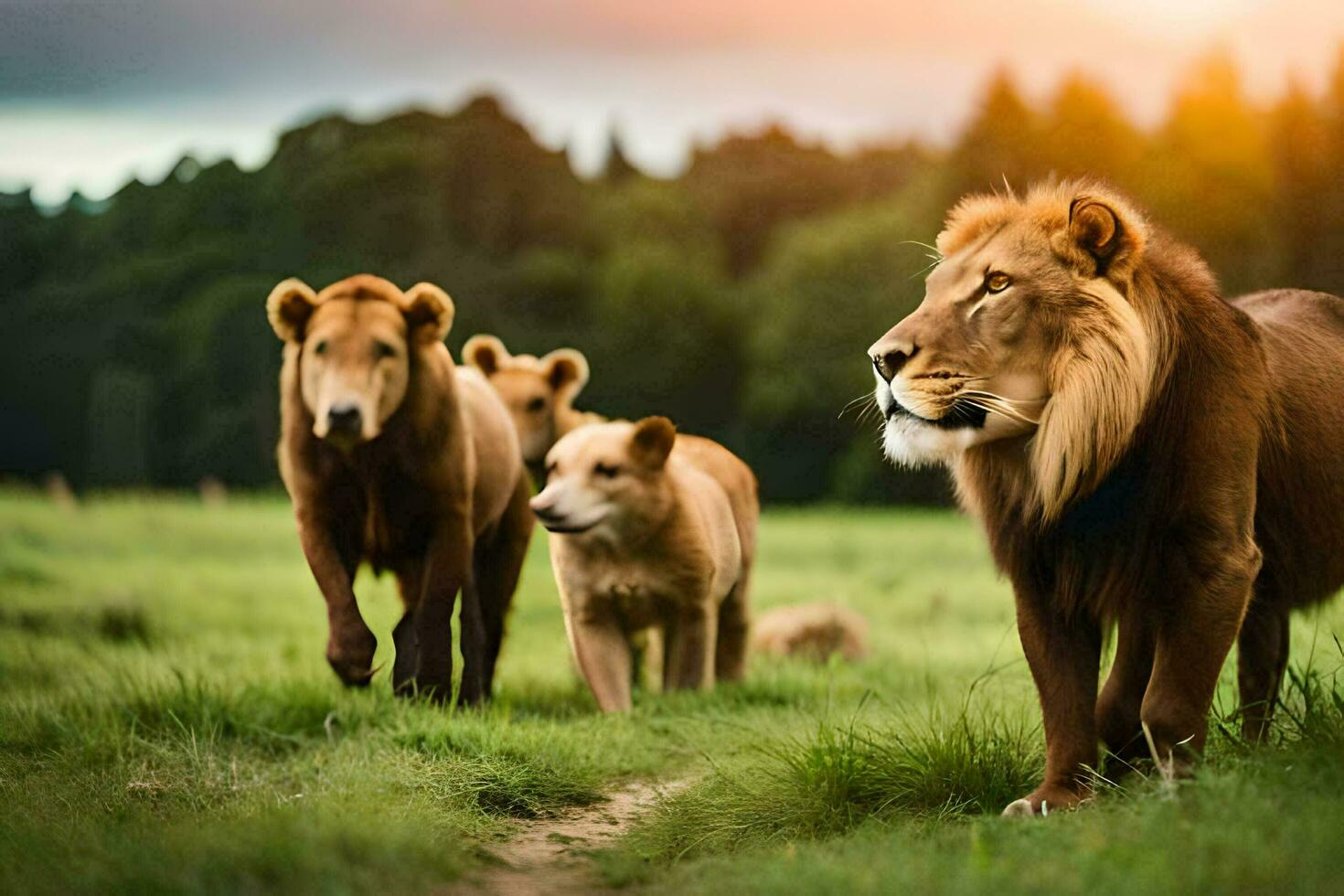 leões caminhando dentro uma campo. gerado por IA foto
