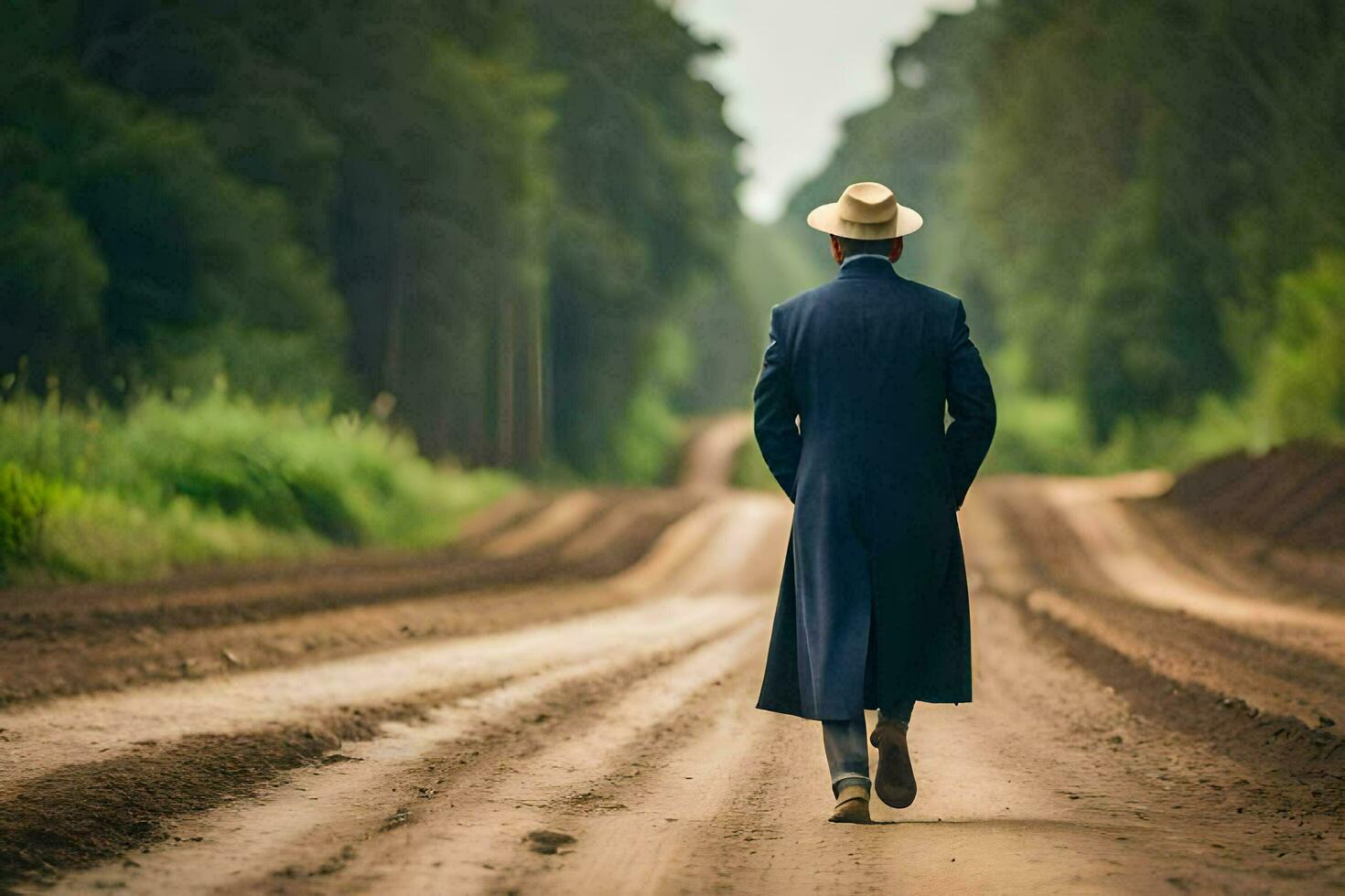 uma homem dentro uma chapéu e casaco caminhando baixa uma sujeira estrada. gerado por IA foto