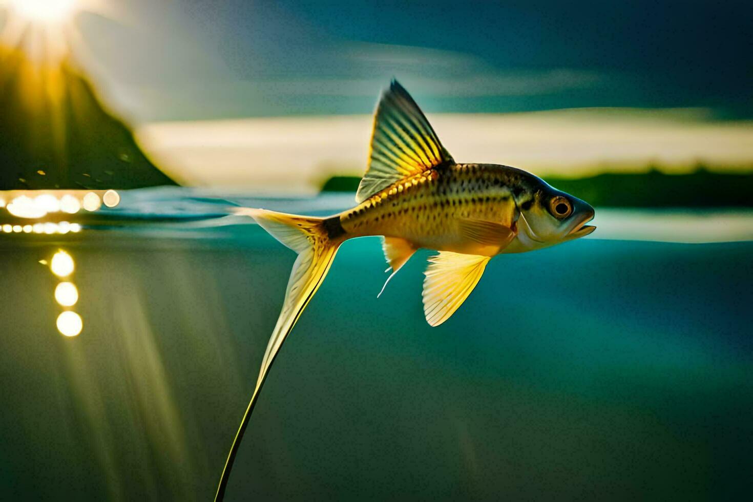 uma peixe é flutuando dentro a água com a Sol brilhando. gerado por IA foto