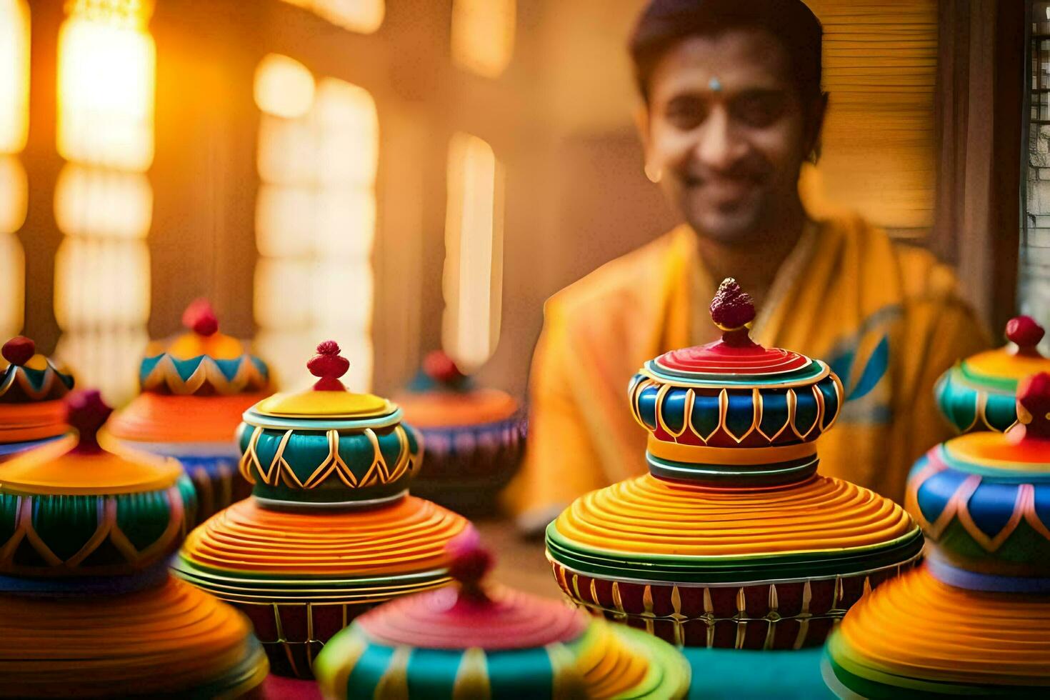 uma homem é em pé dentro frente do colorida potes. gerado por IA foto