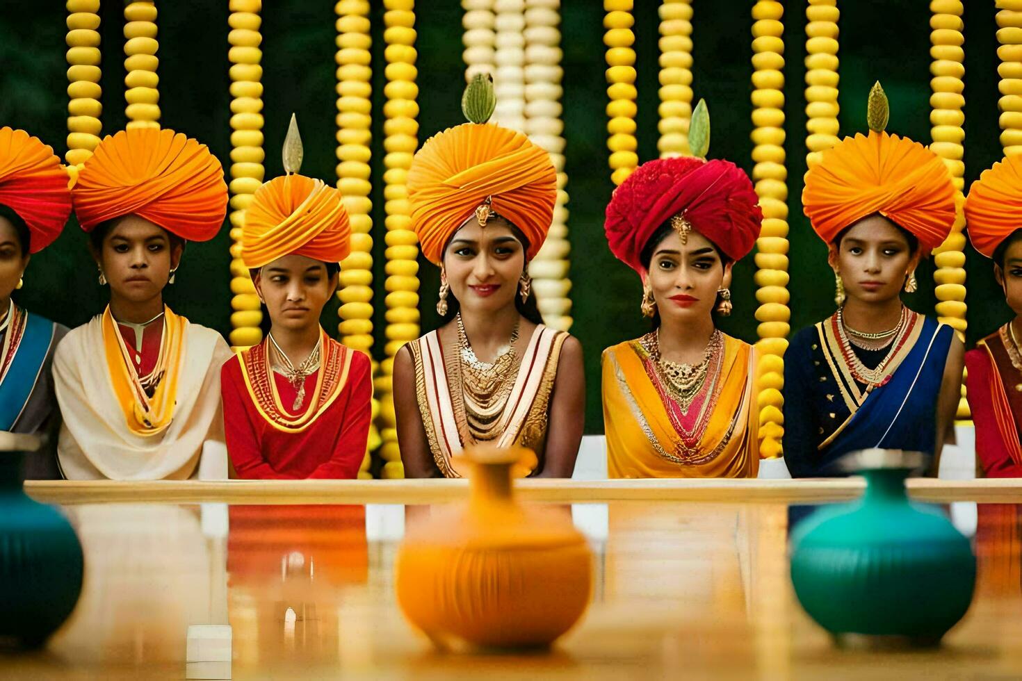 uma grupo do mulheres vestindo colorida turbantes. gerado por IA foto
