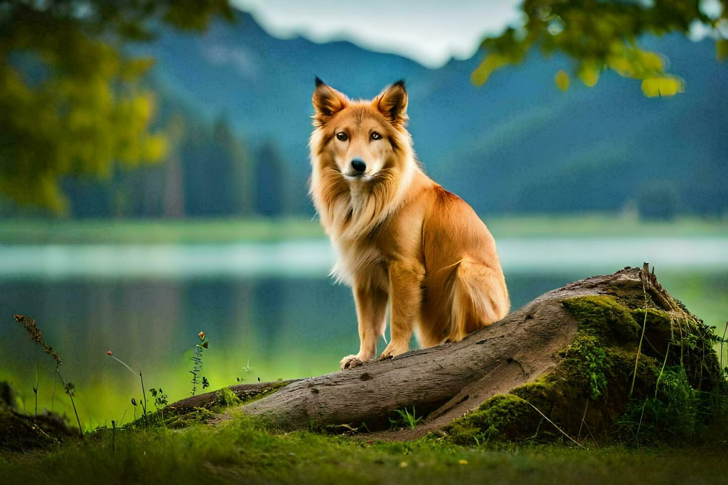 uma cachorro sentado em uma registro dentro frente do uma lago. gerado por IA foto