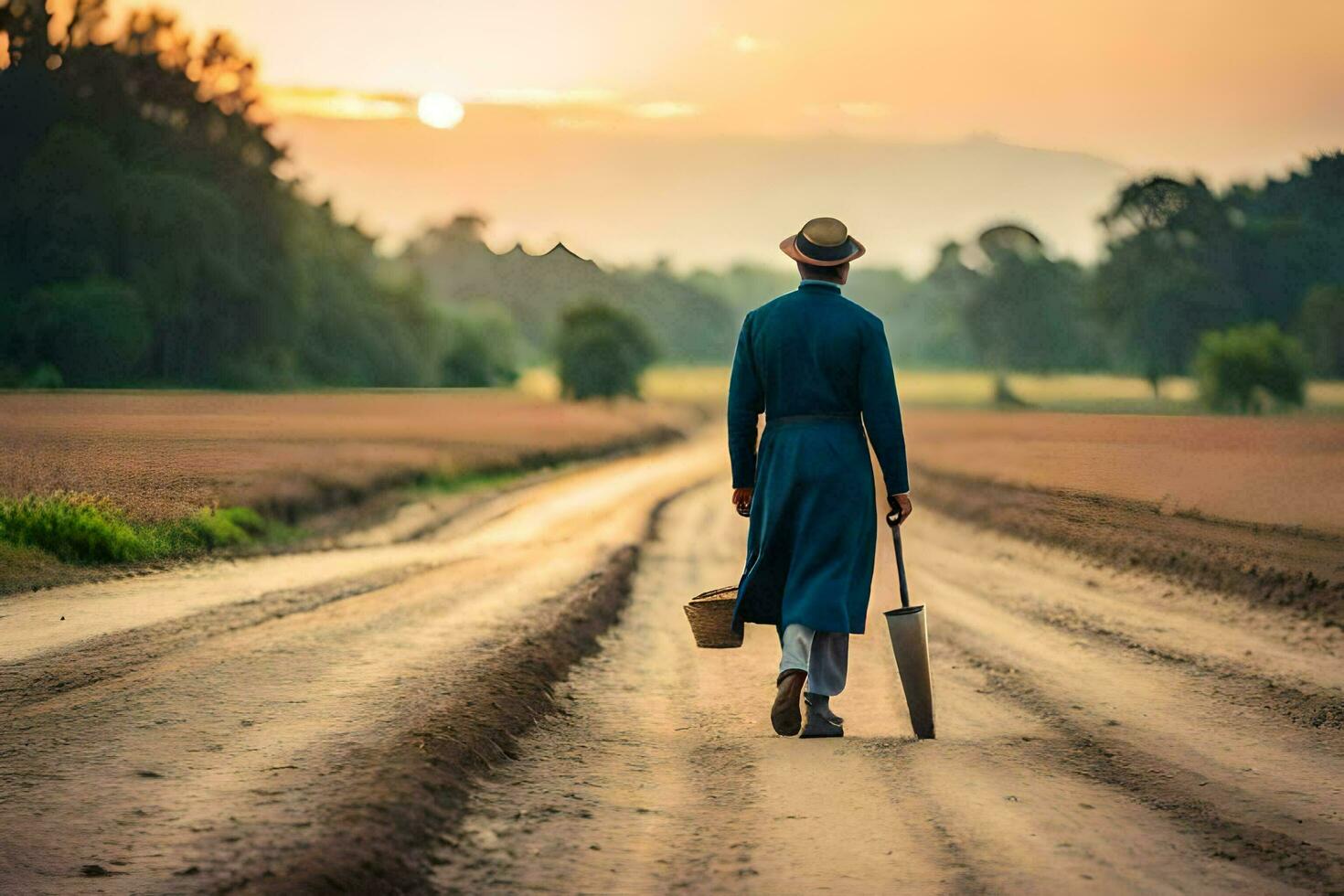 uma homem dentro uma azul casaco caminhando baixa uma sujeira estrada. gerado por IA foto