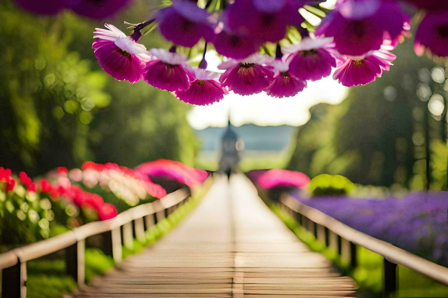 uma de madeira passarela é cercado de flores gerado por IA foto