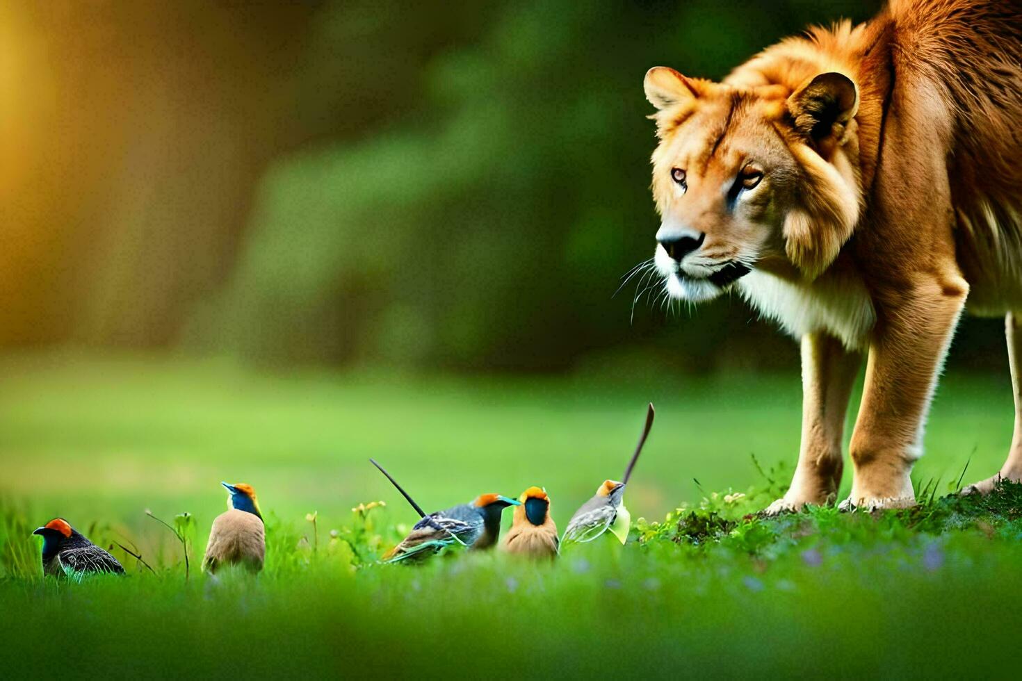 uma leão e uma grupo do pássaros dentro a grama. gerado por IA foto