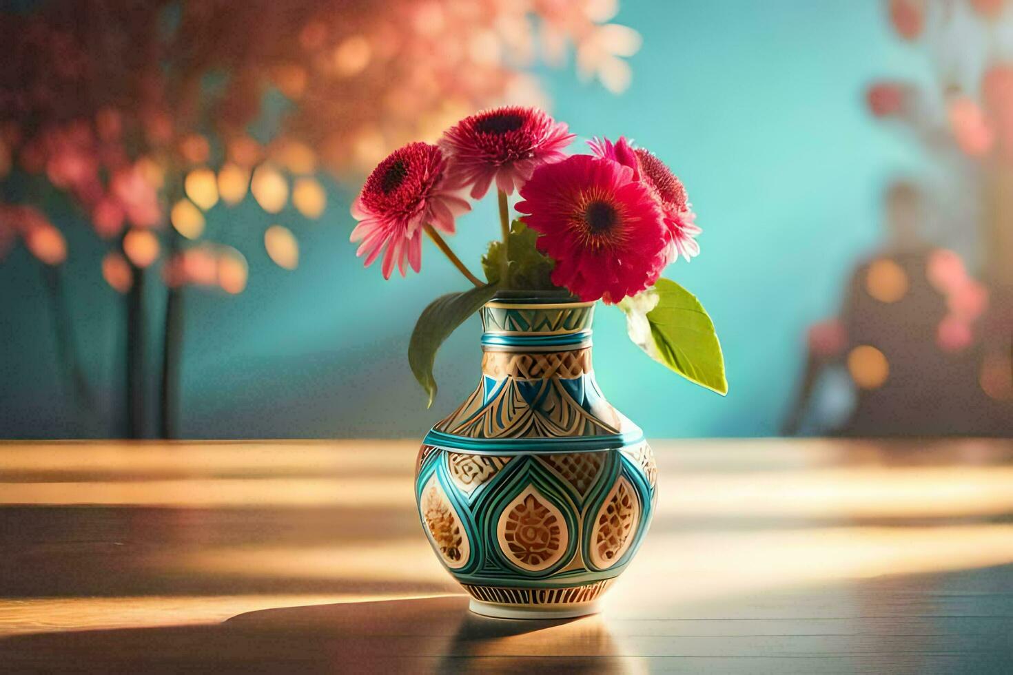 uma vaso com flores em uma mesa. gerado por IA foto