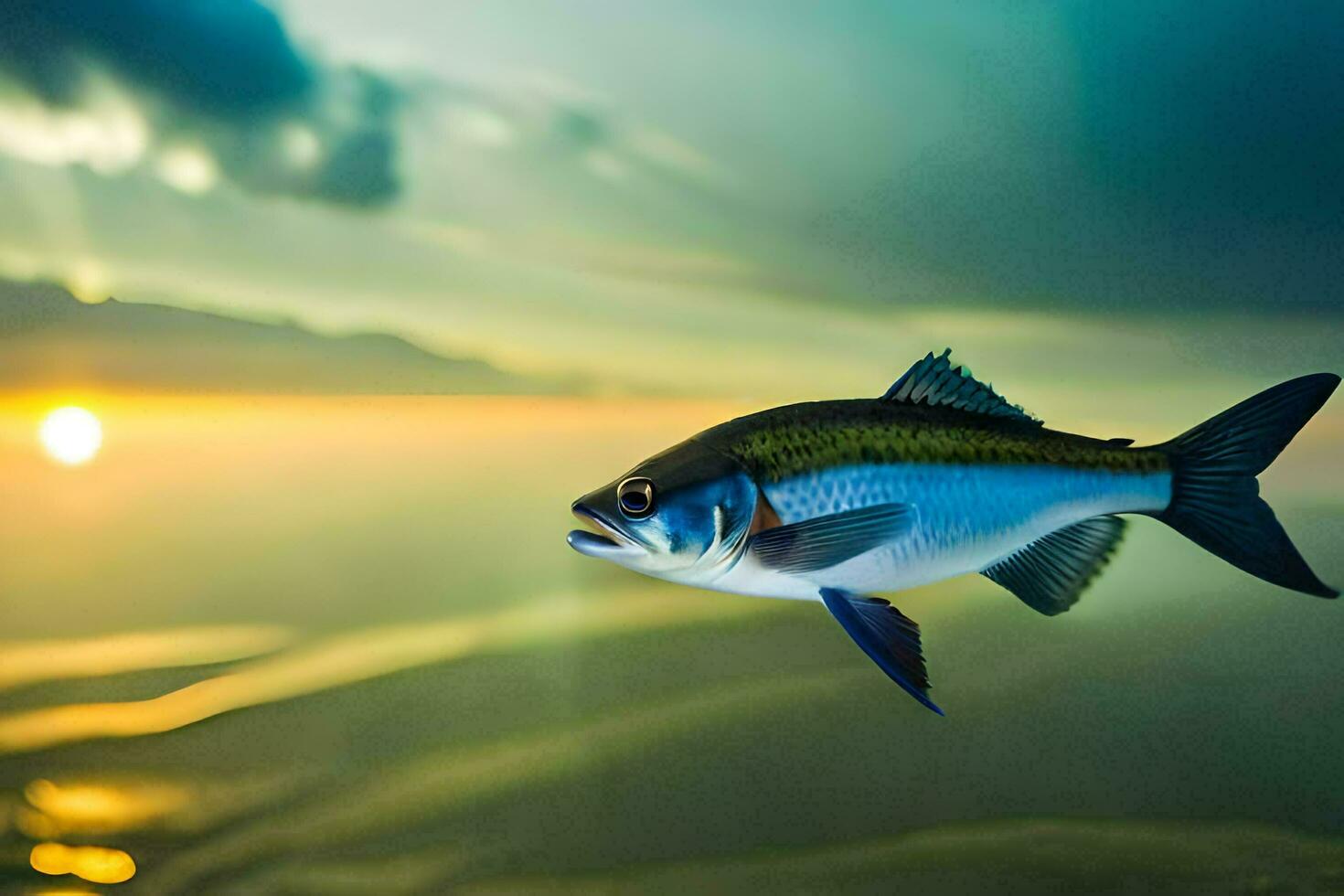 uma peixe é vôo sobre a oceano às pôr do sol. gerado por IA foto