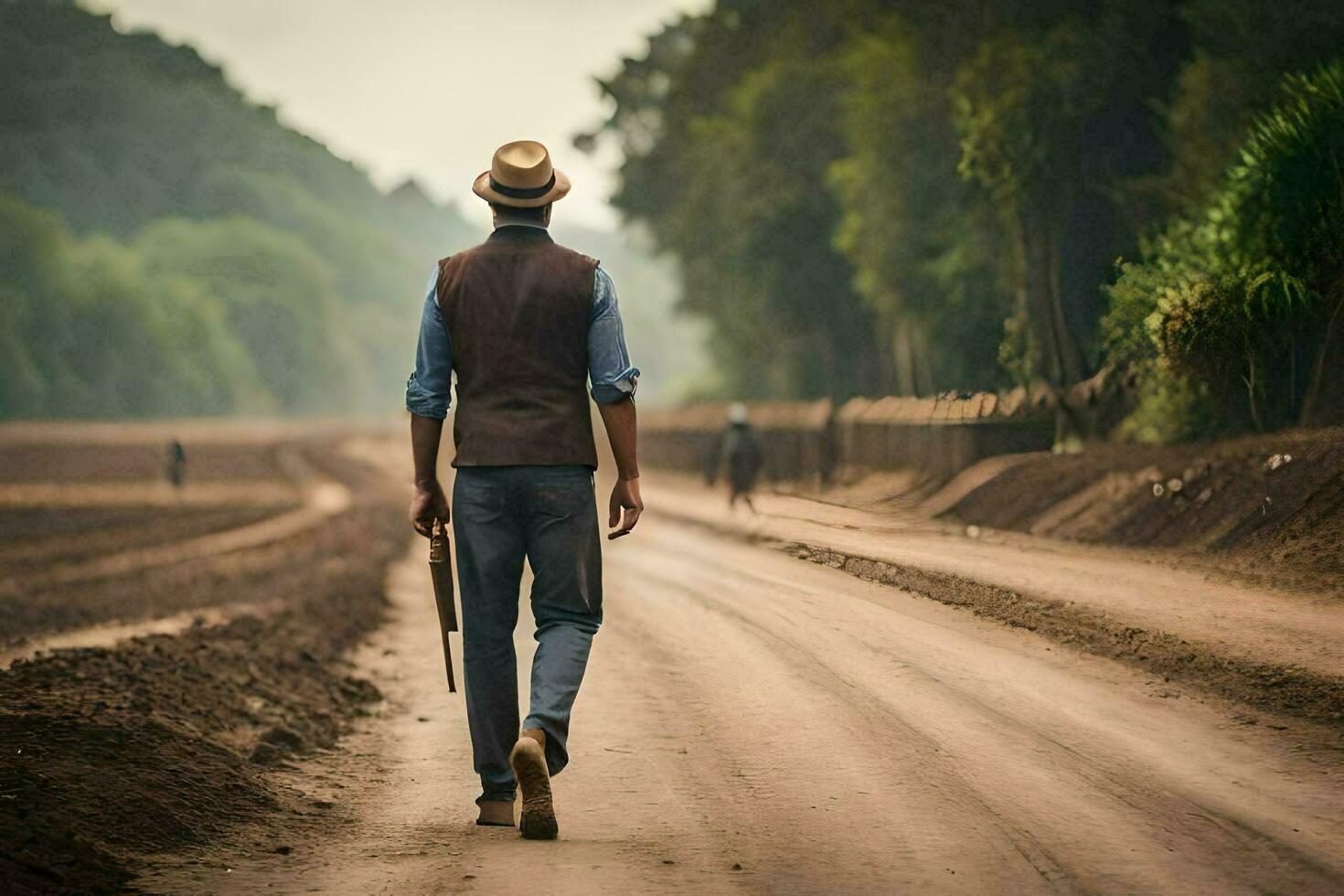 uma homem caminhando baixa uma sujeira estrada com uma chapéu e colete. gerado por IA foto
