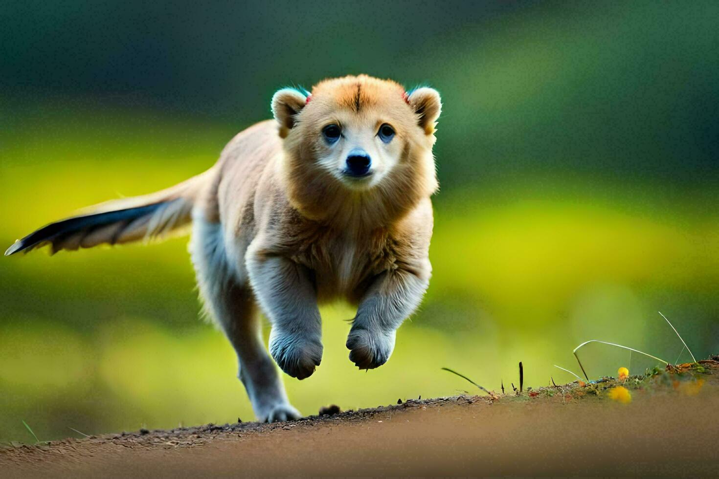 uma pequeno cachorro corrida através uma campo. gerado por IA foto