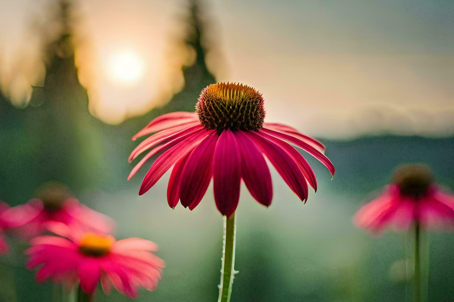 Rosa flores dentro a Sol com árvores dentro a fundo. gerado por IA foto