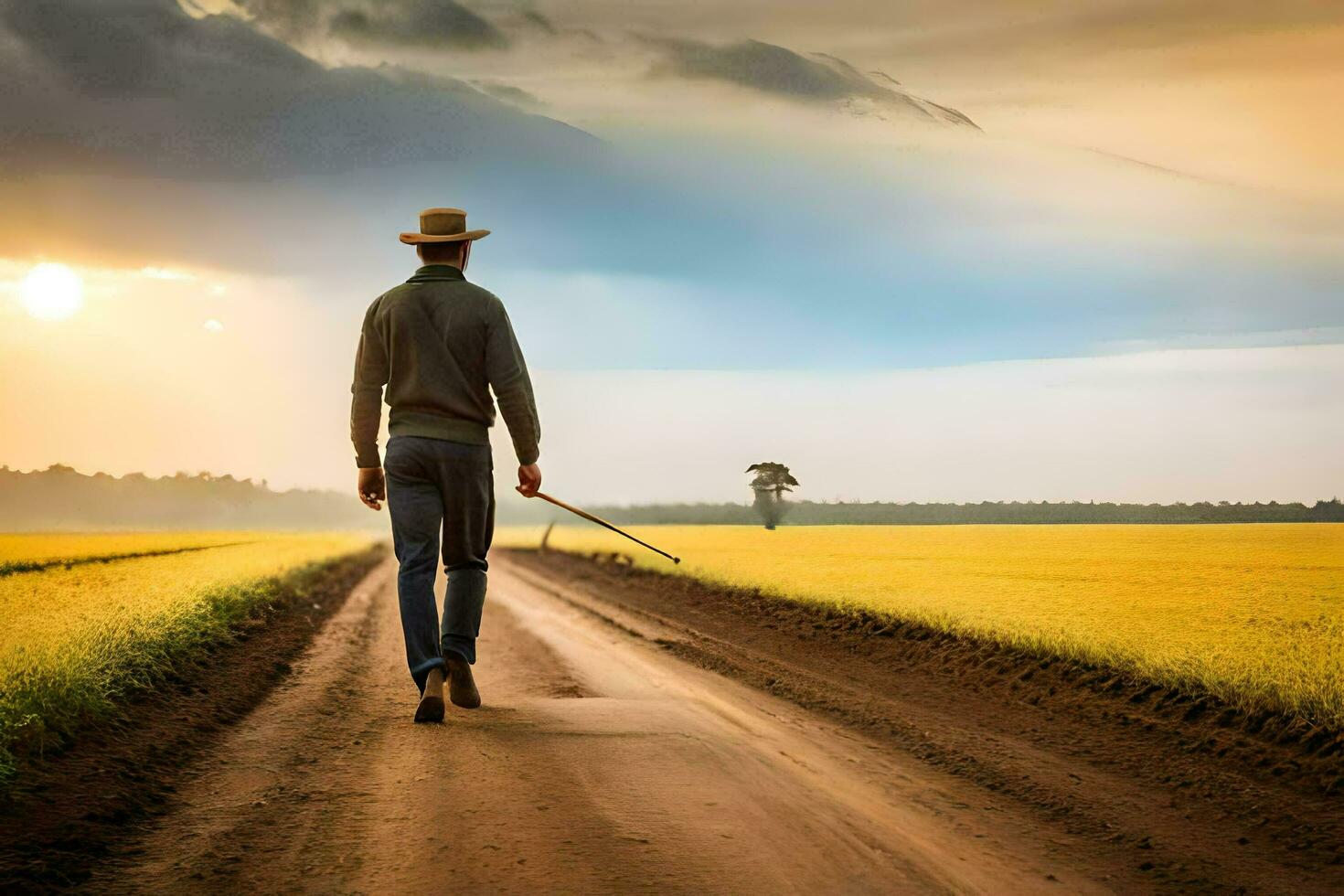 uma homem caminhando baixa uma sujeira estrada com uma grudar. gerado por IA foto