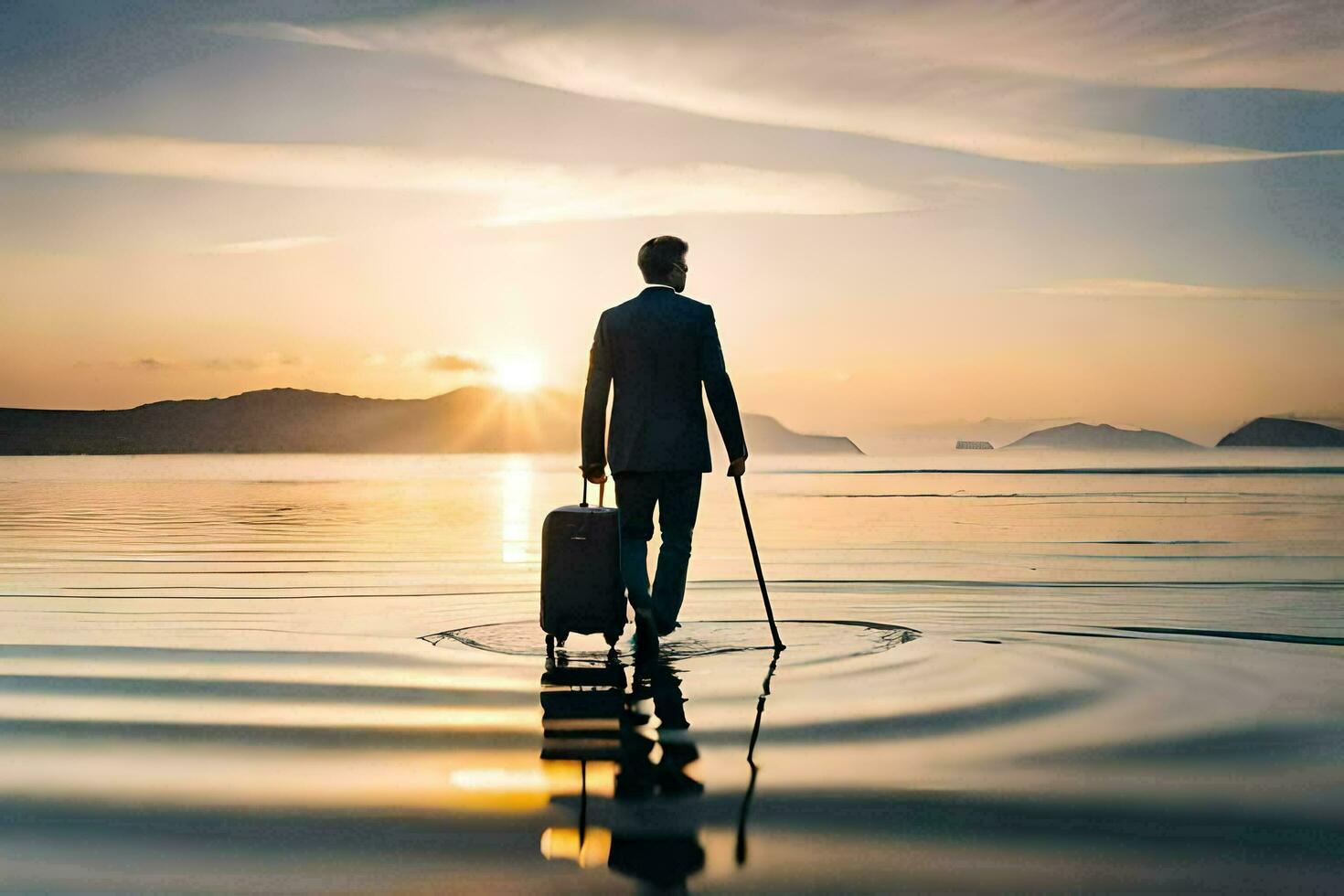 uma homem com uma bengala caminhando dentro a água às pôr do sol. gerado por IA foto