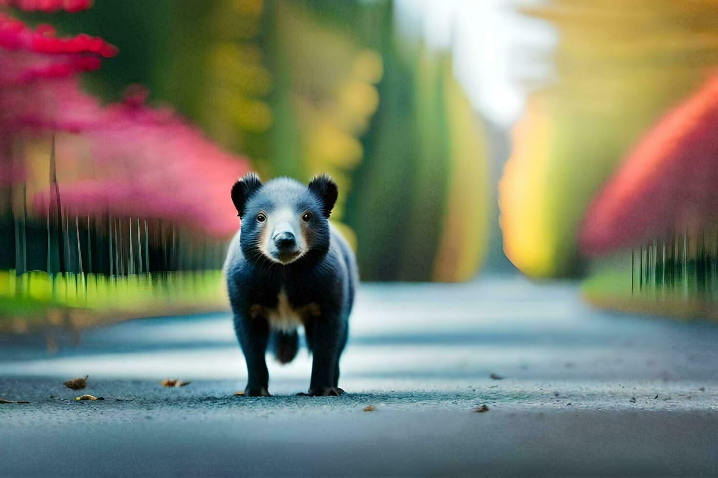 uma Urso caminhando baixa uma estrada com árvores dentro a fundo. gerado por IA foto