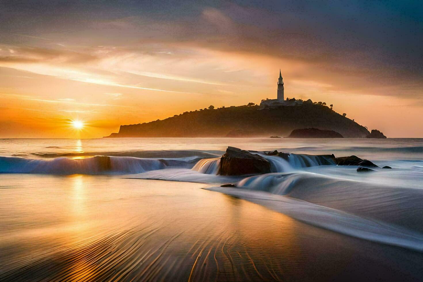 uma nascer do sol sobre a oceano com ondas falhando para dentro a costa. gerado por IA foto