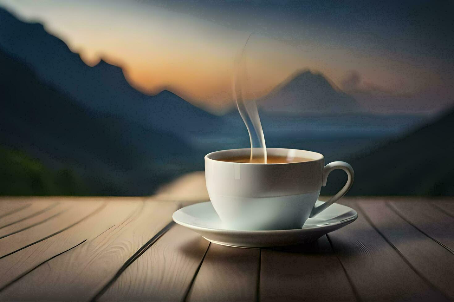 café, a céu, montanhas, nascer do sol, a xícara, hd papel de parede. gerado por IA foto