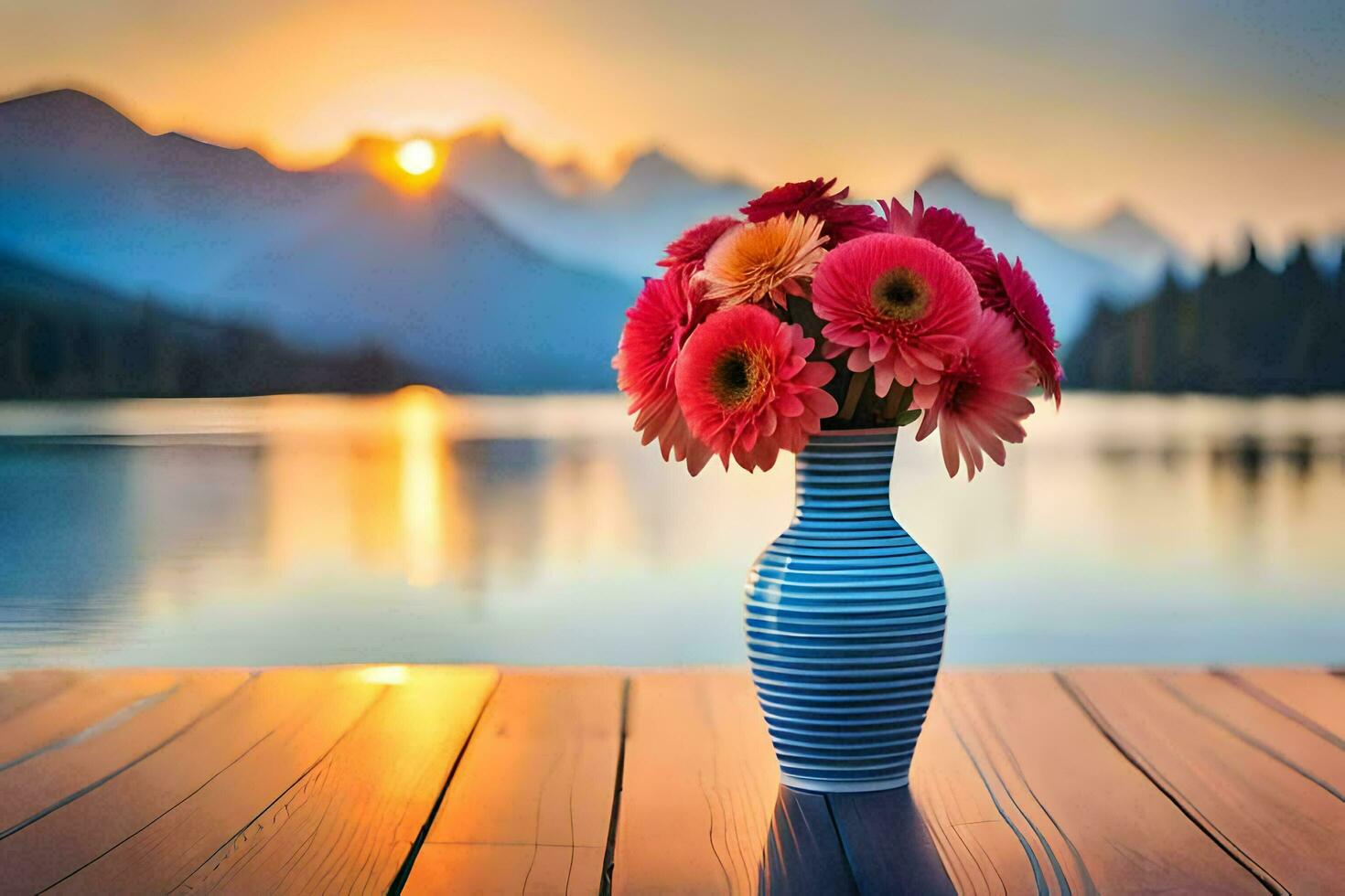 flores dentro uma vaso em uma de madeira mesa com montanhas dentro a fundo. gerado por IA foto
