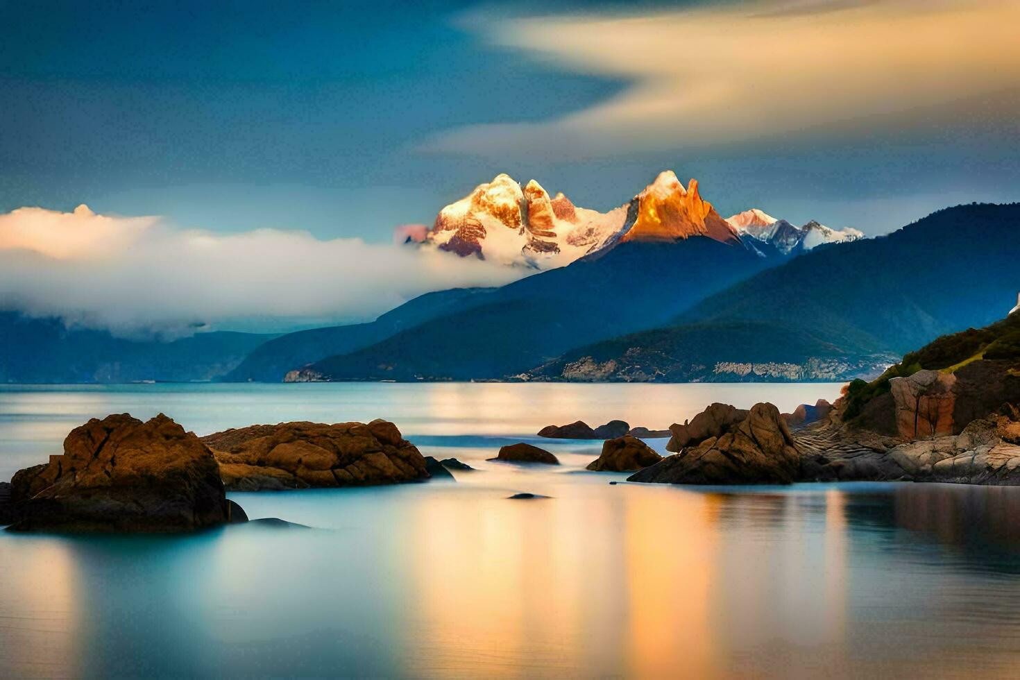 a montanhas e água estão refletido dentro a oceano. gerado por IA foto