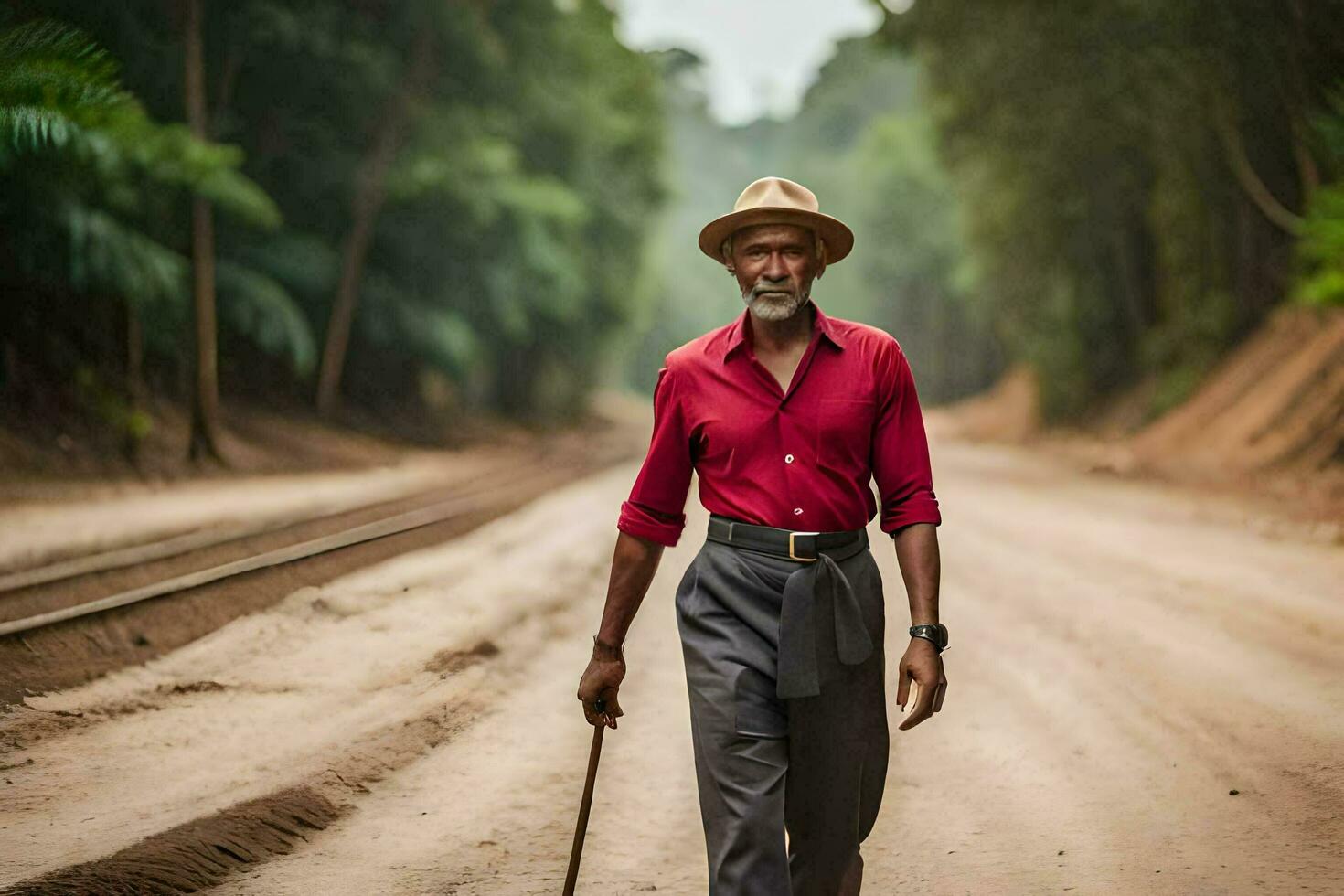 a velho homem caminhando baixa uma sujeira estrada. gerado por IA foto