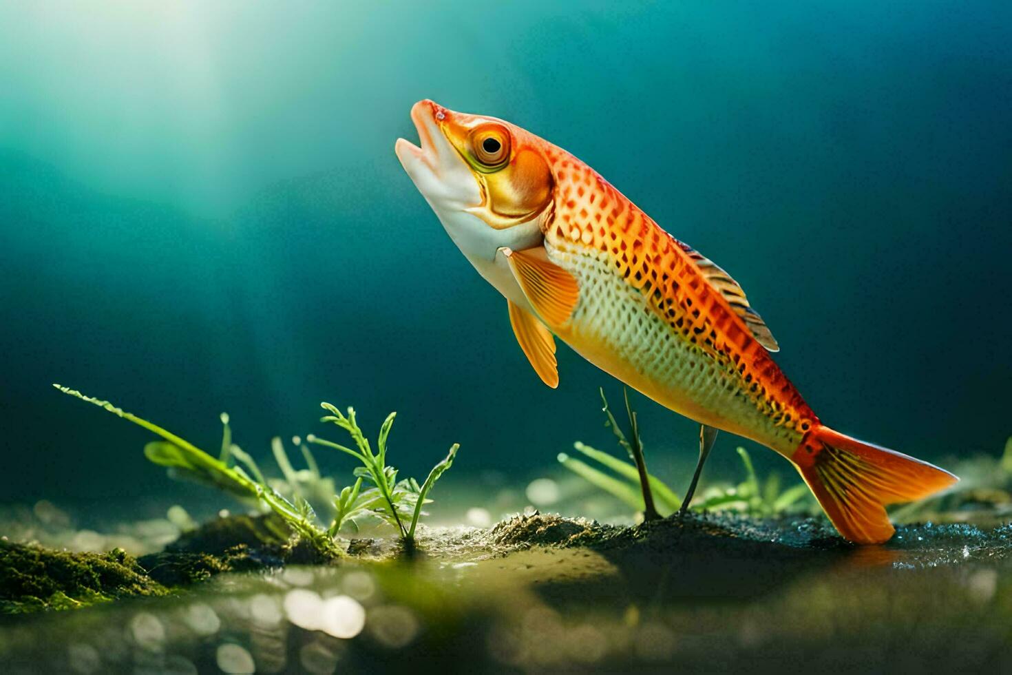 uma vermelho peixe é em pé em a água. gerado por IA foto