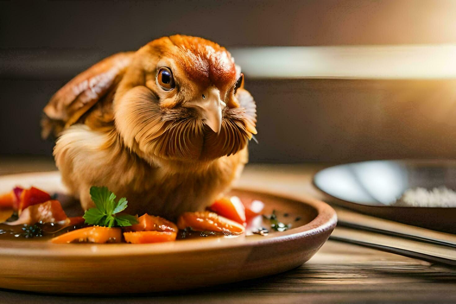 uma frango é sentado em uma prato com legumes. gerado por IA foto
