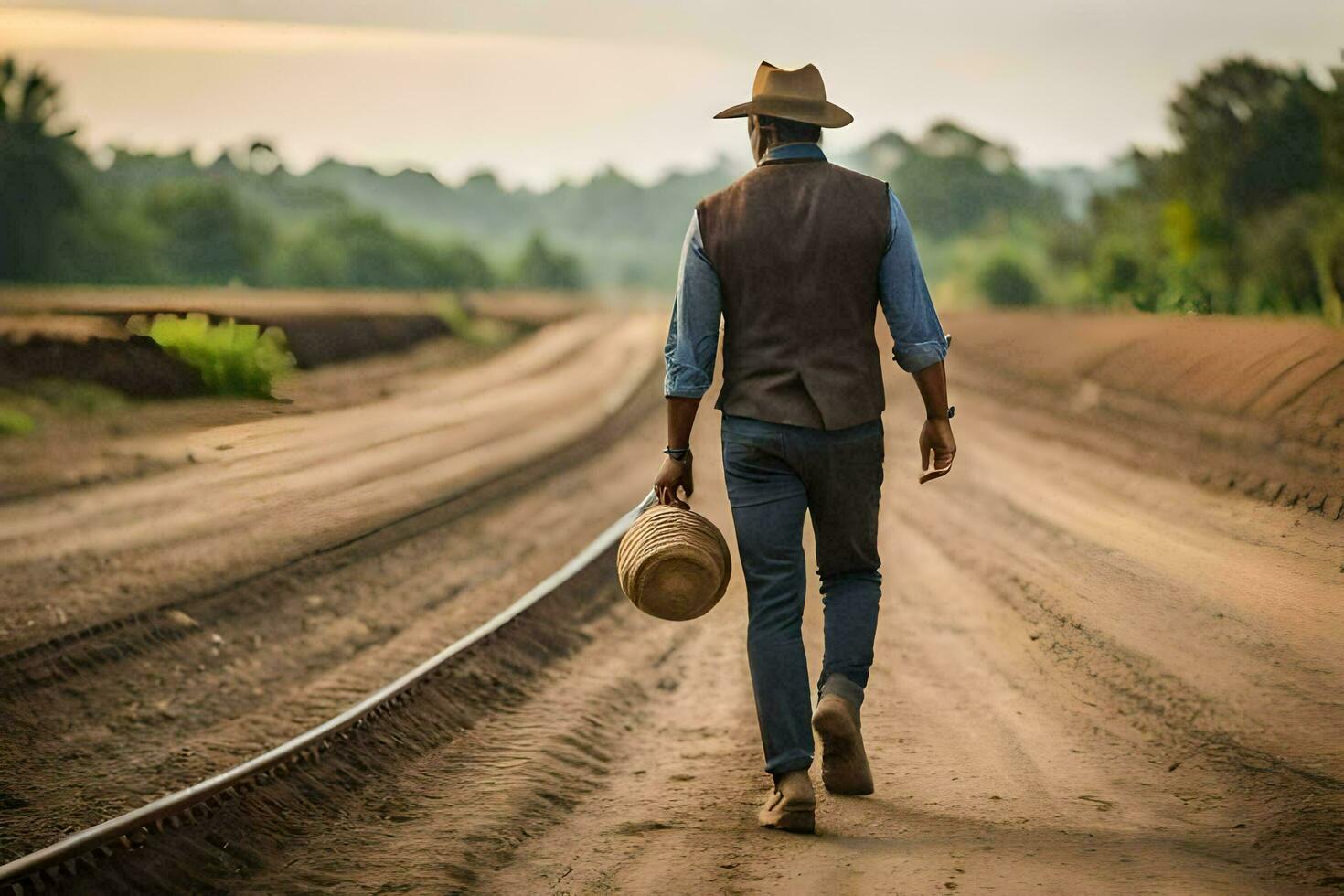 uma homem caminhando baixa uma sujeira estrada com uma chapéu sobre. gerado por IA foto