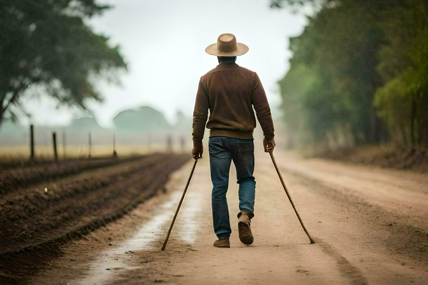 uma homem caminhando em uma sujeira estrada com uma bengala. gerado por IA foto