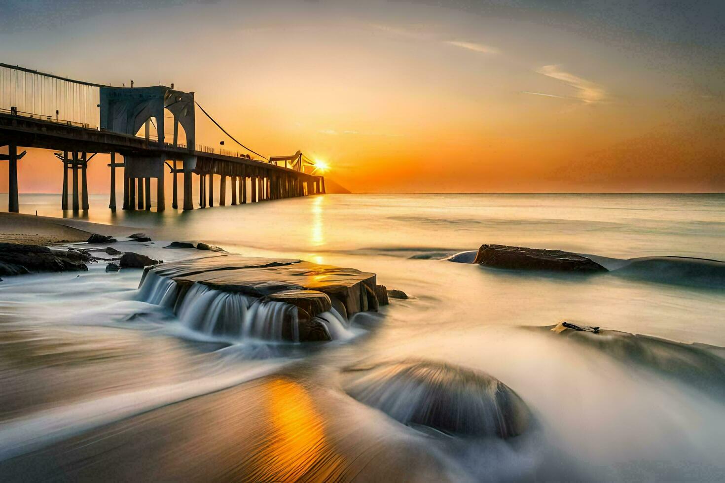 a Sol conjuntos sobre a oceano e uma ponte. gerado por IA foto