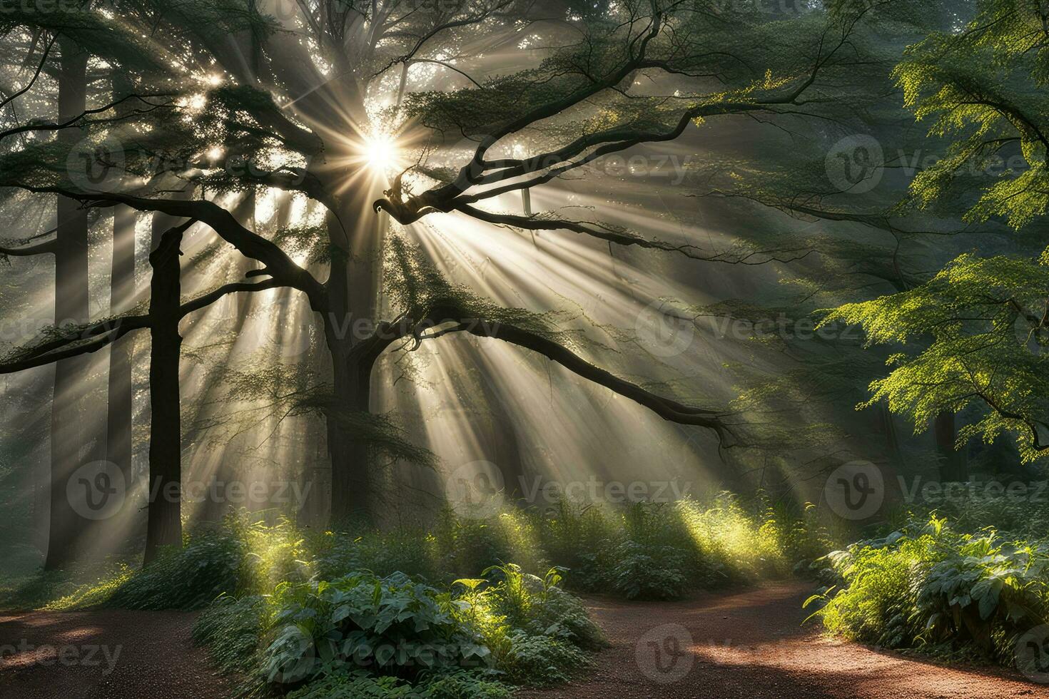 cênico panorama raios do luz dentro a floresta criada com generativo ai tecnologia foto