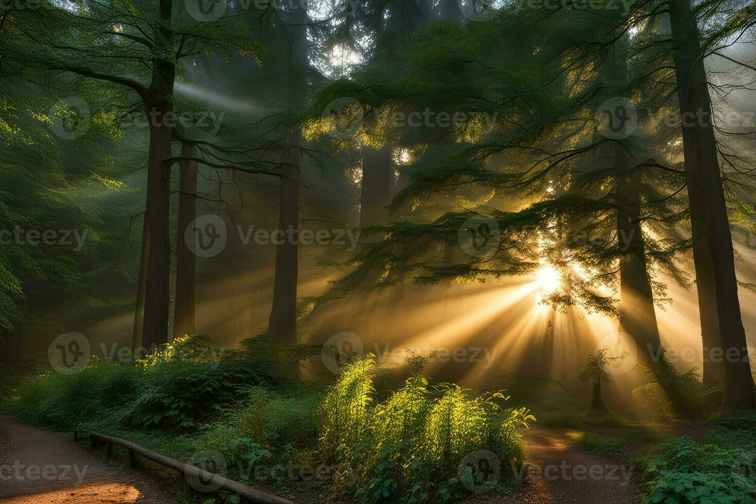 cênico panorama raios do luz dentro a floresta criada com generativo ai tecnologia foto