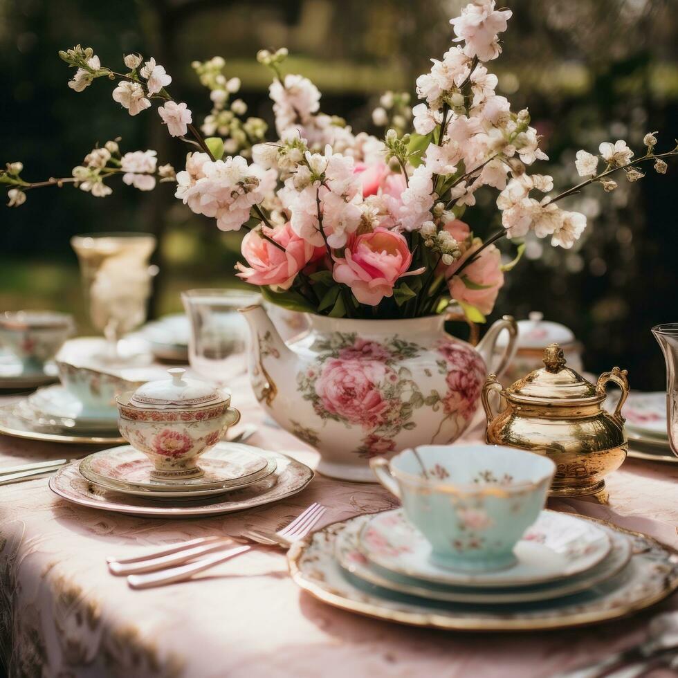 inspiração vintage chá festa com delicado China e floral peças centrais foto