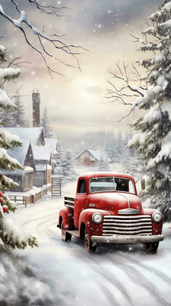 vintage vermelho caminhão com Natal árvore dentro Nevado panorama foto