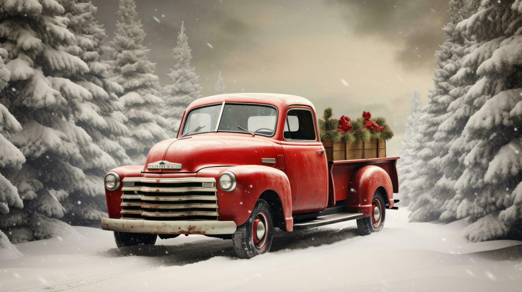 vintage vermelho caminhão com Natal árvore dentro Nevado panorama foto