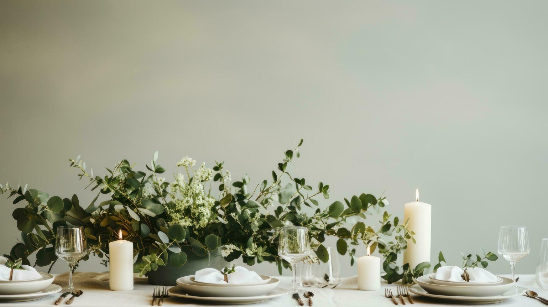 minimalista branco e verde paisagem de mesa com eucalipto e velas foto