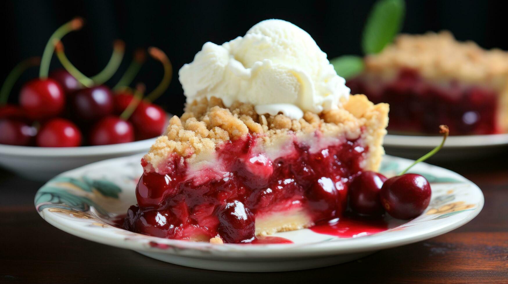 cereja torta com migalha cobertura, estourando com suculento fruta sabor foto