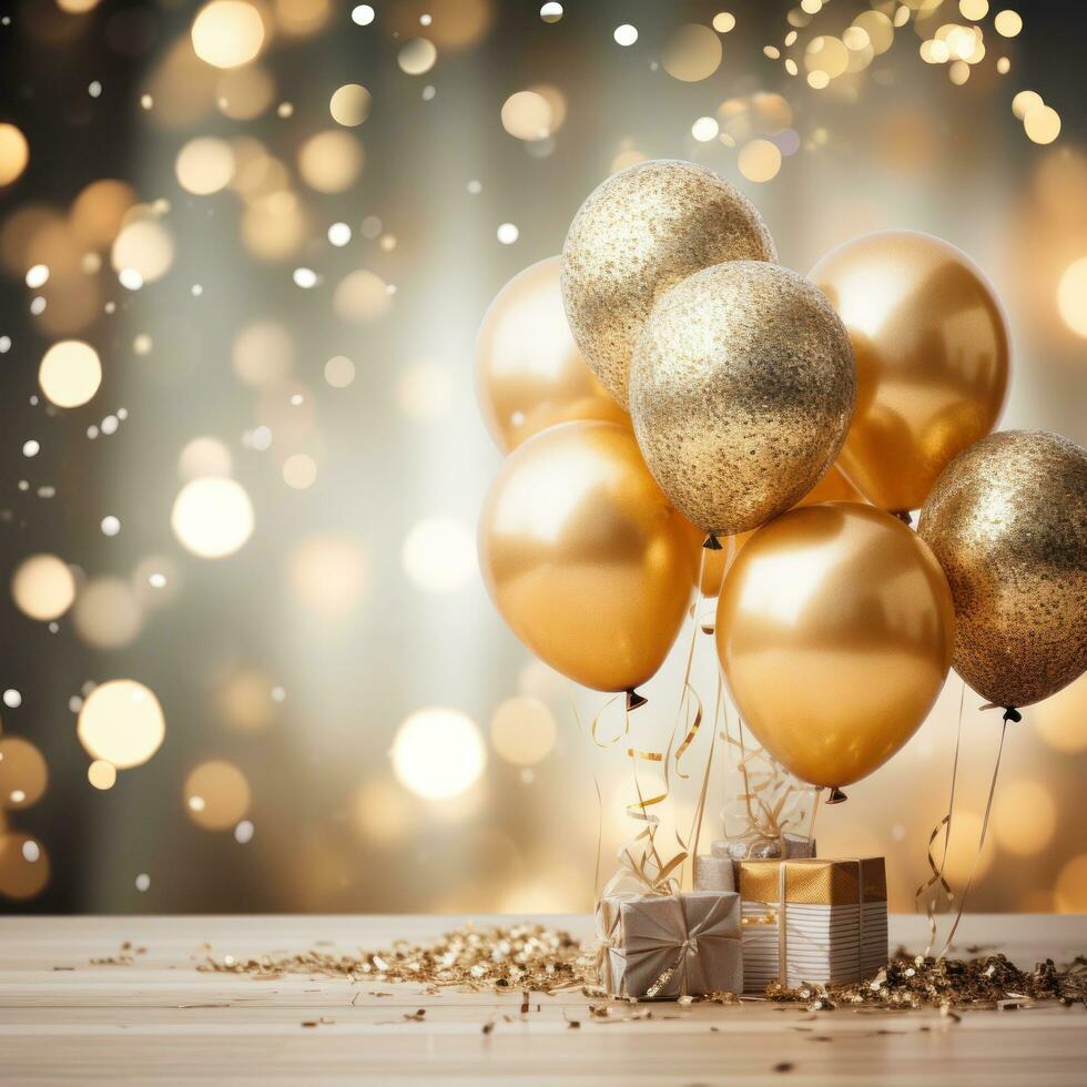 aniversário celebração com ouro balões e brilhar foto