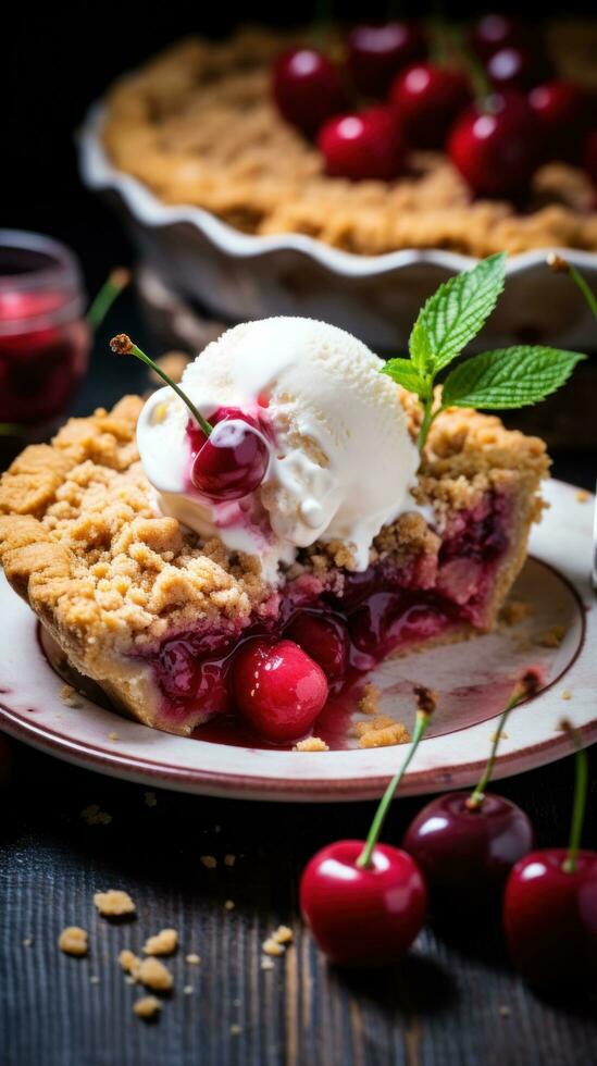 cereja torta com migalha cobertura, estourando com suculento fruta sabor foto