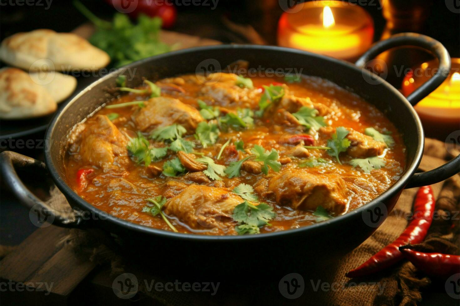 delicioso frango Curry fervendo dentro uma rústico de madeira cozinhando embarcação ai gerado foto