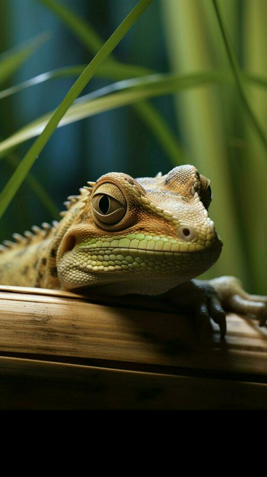 lagarto se escondendo em bambu haste ai gerado foto