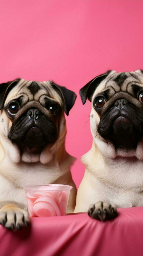 dois adorável pugs com em branco borda em Rosa fundo. cópia de espaço. ai gerado foto