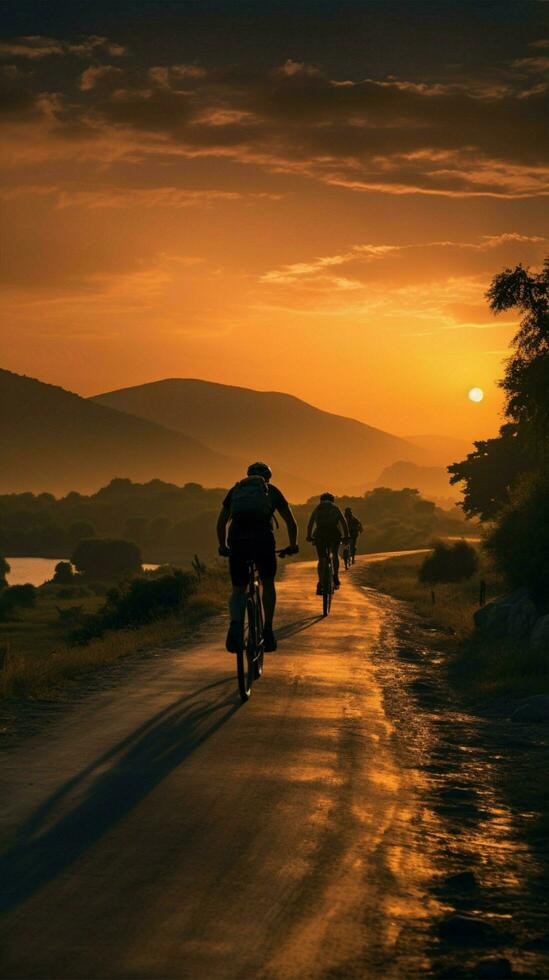 tirar o fôlego Visualizações, costas Visão do ciclistas em uma pôr do sol estrada vertical Móvel papel de parede ai gerado foto