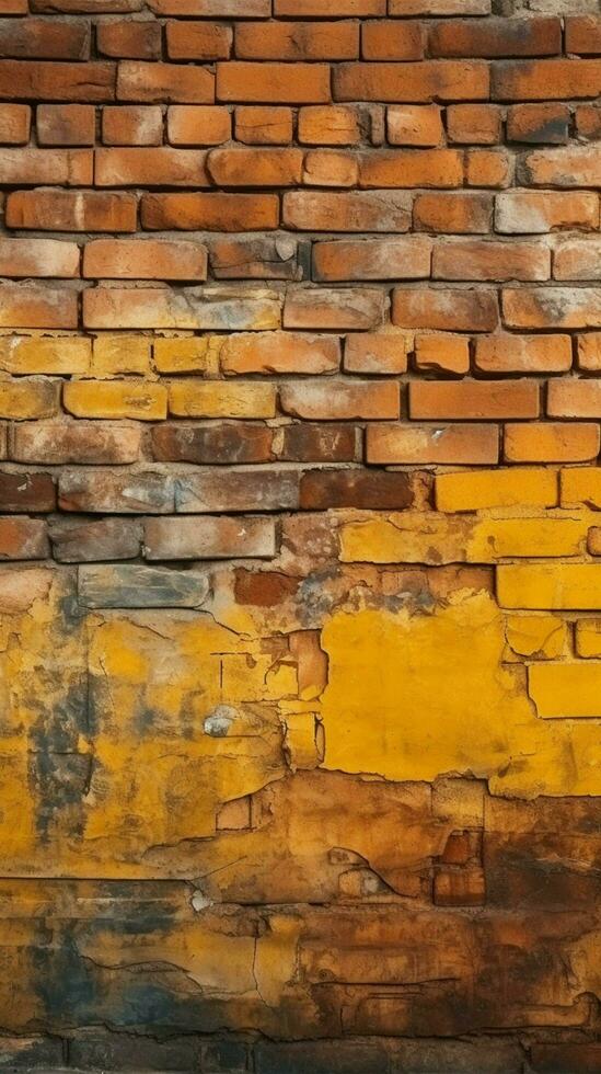 velho e resistido amarelo e vermelho tijolo parede, desatado padronizar pano de fundo vertical Móvel papel de parede ai gerado foto