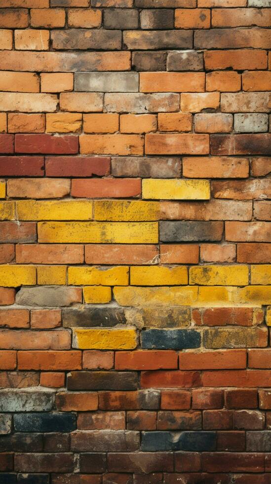 sujo amarelo e vermelho tijolo parede Como uma desatado padronizar fundo vertical Móvel papel de parede ai gerado foto