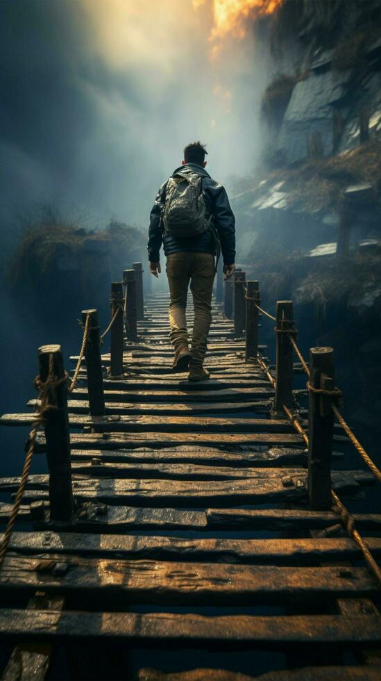 homem de negocios empurrando uma grandes feixe, criando a improvisado ponte para Cruz a abismo obstáculo cobrir a Gap = Vão e alcance ai gerado foto