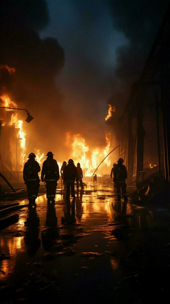 industrial cena bombeiros empregar rodopio névoa para domar óleo fogo, contenção potencial inferno vertical Móvel papel de parede ai gerado foto