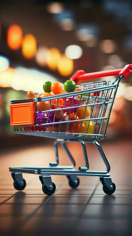 varejo imersão compras carrinho navega supermercado, Misturando com borrado loja bokeh vertical Móvel papel de parede ai gerado foto