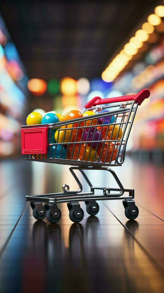 supermercado farra compras carrinho contra borrado loja bokeh pano de fundo captura varejo ambiente vertical Móvel papel de parede ai gerado foto