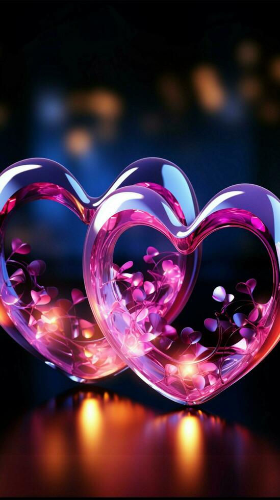 dois néon corações pulsar com vibrante luz, simbolizando a elétrico vinculo vertical Móvel papel de parede ai gerado foto