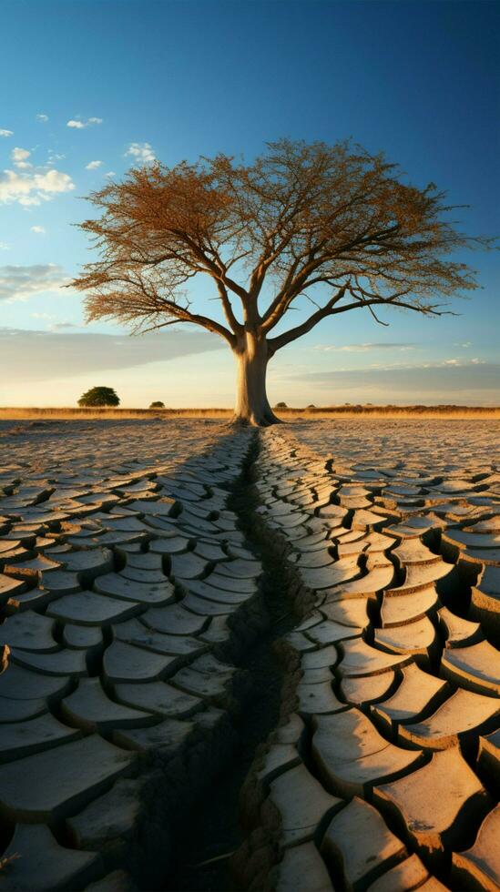 icônico árvore em rachado solo incorpora clima crise, global aquecimento induzido água escassez vertical Móvel papel de parede ai gerado foto