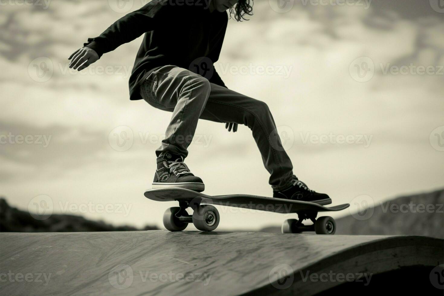 uma monocromático cena uma pessoa balanceamento graciosamente em uma skate ai gerado foto